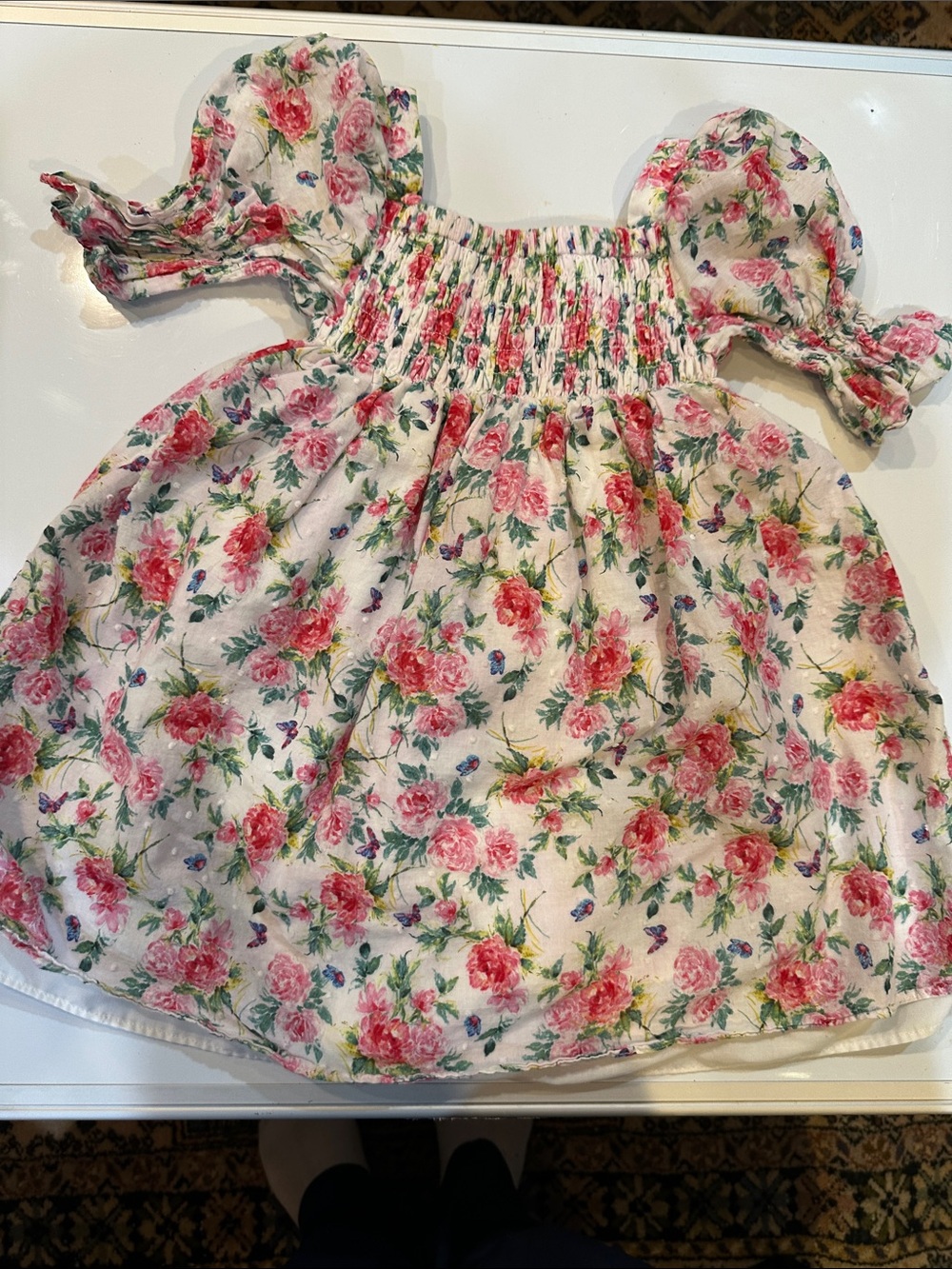 Pippa & Julie Pink Floral Smocked Puff Sleeve Dress, 100% cotton, Size 3T